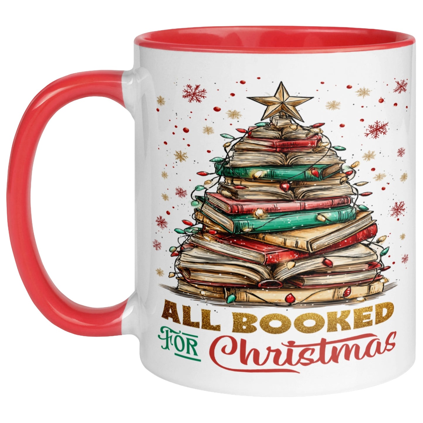 Red handle and interior All Booked For Christmas mug featuring a Christmas tree made from stacked books with festive lights and a golden star, a cosy Christmas book lover mug for readers, bookworms, librarians, and festive reading.
