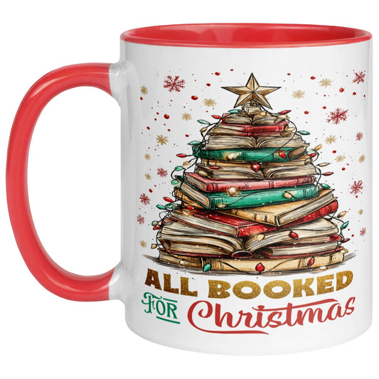 Red handle and interior All Booked For Christmas mug featuring a Christmas tree made from stacked books with festive lights and a golden star, a cosy Christmas book lover mug for readers, bookworms, librarians, and festive reading.