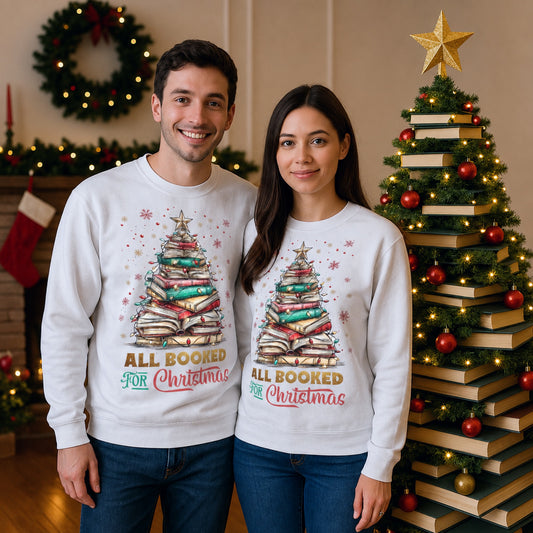 Couple wearing matching white All Booked For Christmas sweatshirts featuring a festive Christmas tree made from stacked books, standing beside a cosy book Christmas tree decorated with lights and baubles.