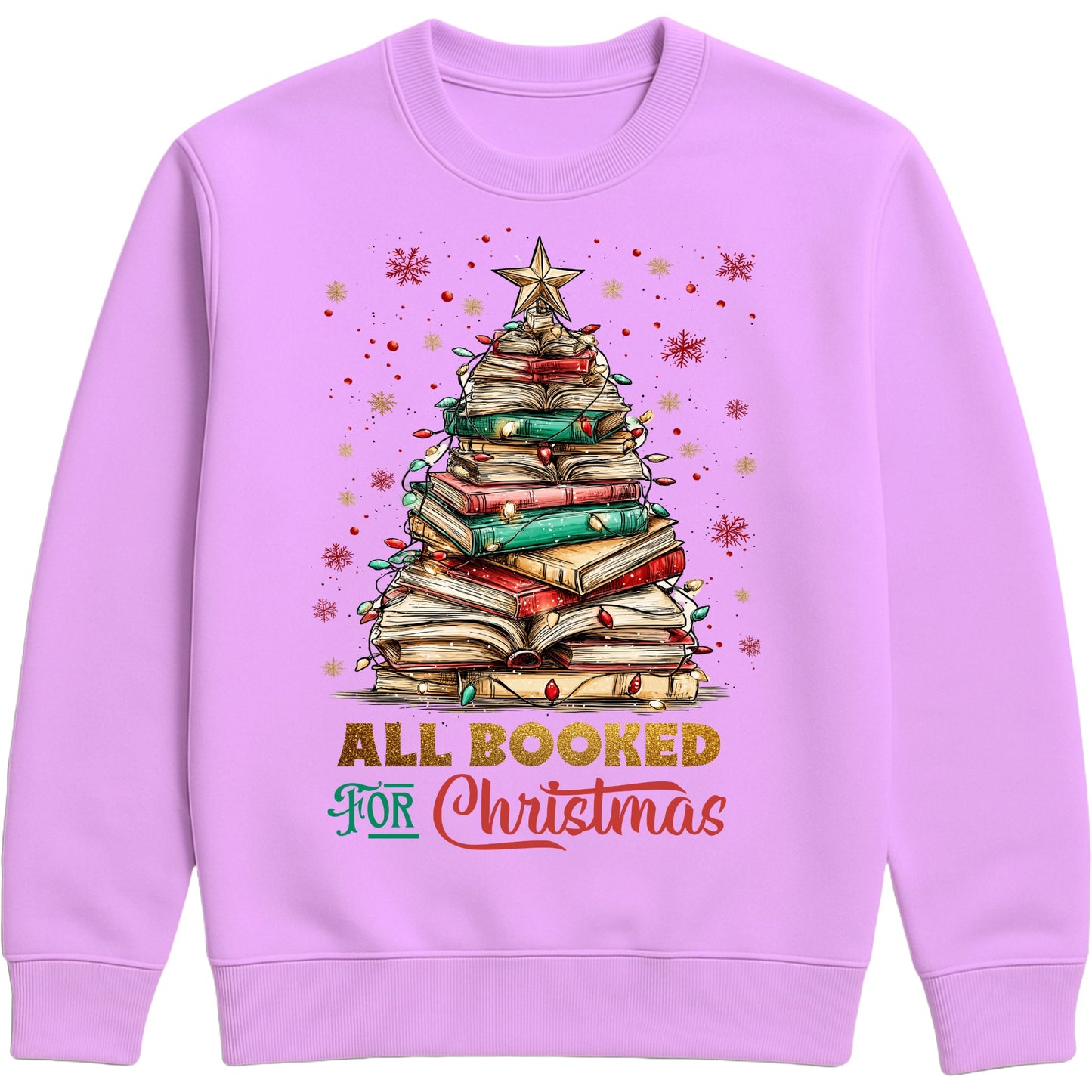Lavender “All Booked for Christmas” sweatshirt featuring a whimsical book-stack Christmas tree with lights and a star, styled in a cozy holiday aesthetic.