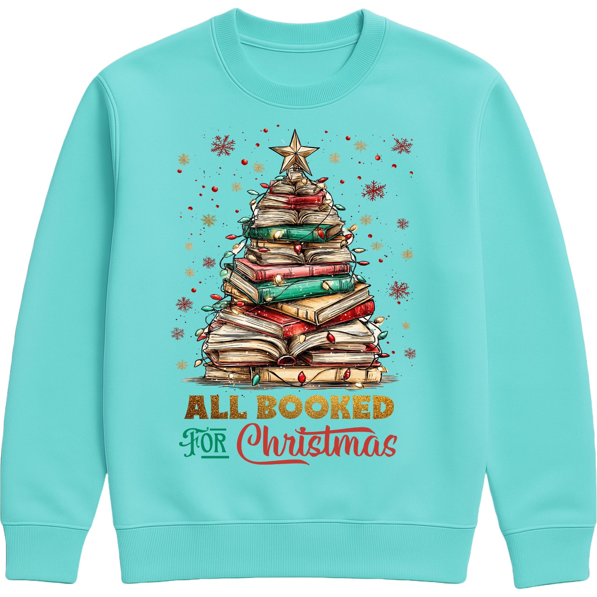 Peppermint “All Booked for Christmas” sweatshirt featuring a whimsical book-stack Christmas tree with lights and a star, styled in a cozy holiday aesthetic.