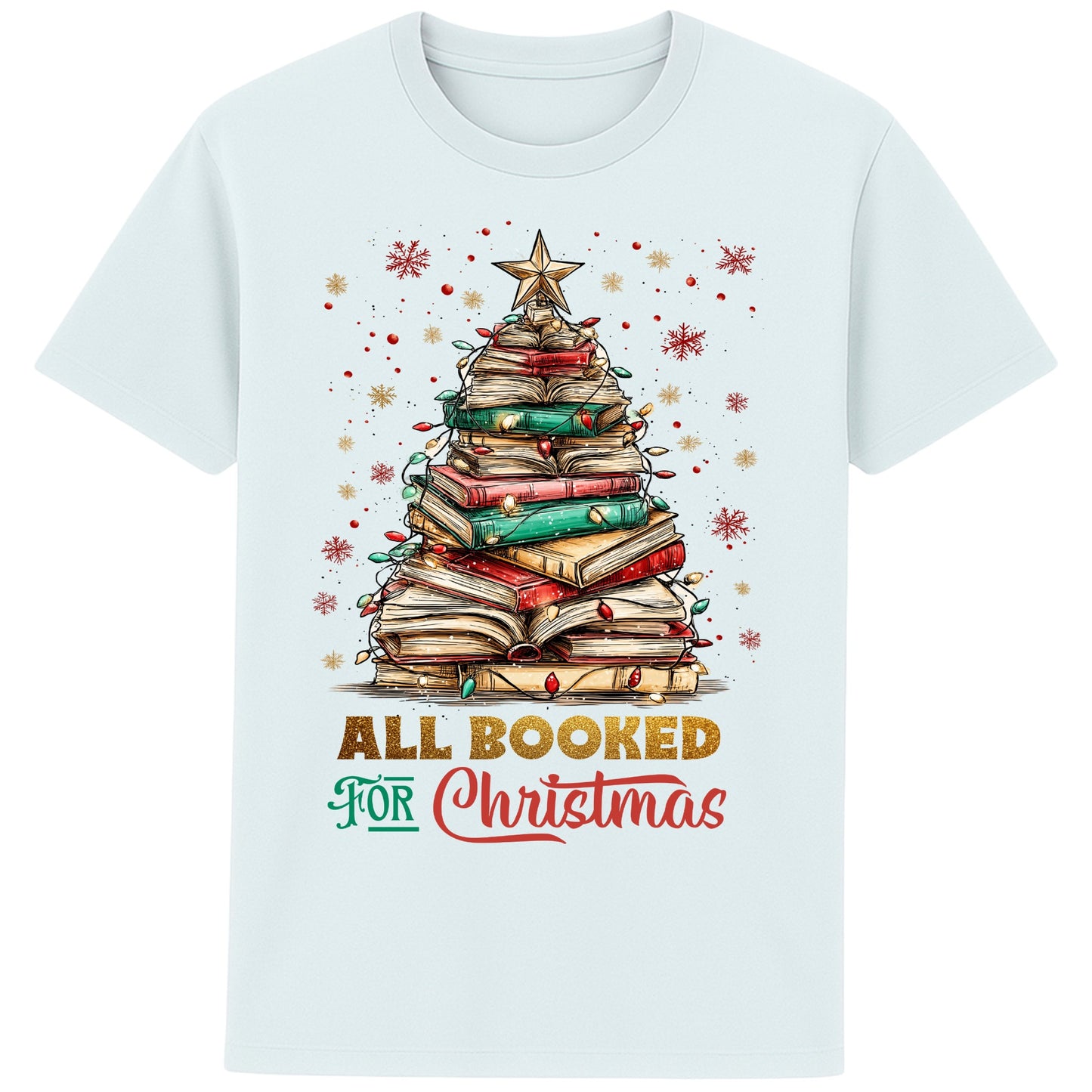 Blue Ice Colour festive bookish Christmas t-shirt featuring a Christmas tree made of stacked books, surrounded by twinkle lights and warm winter vibes.