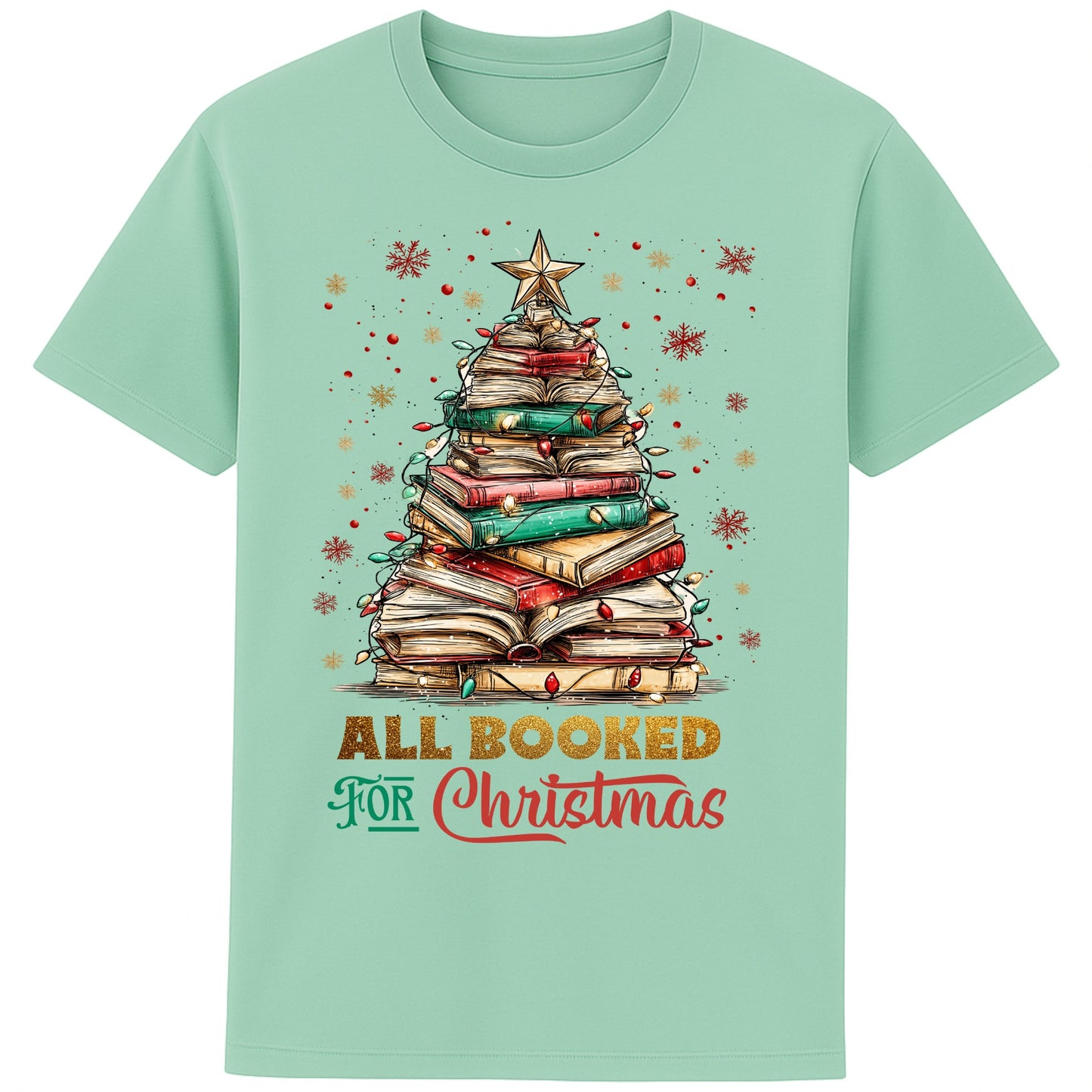 Misty Jade colour festive bookish Christmas t-shirt featuring a Christmas tree made of stacked books, surrounded by twinkle lights and warm winter vibes.