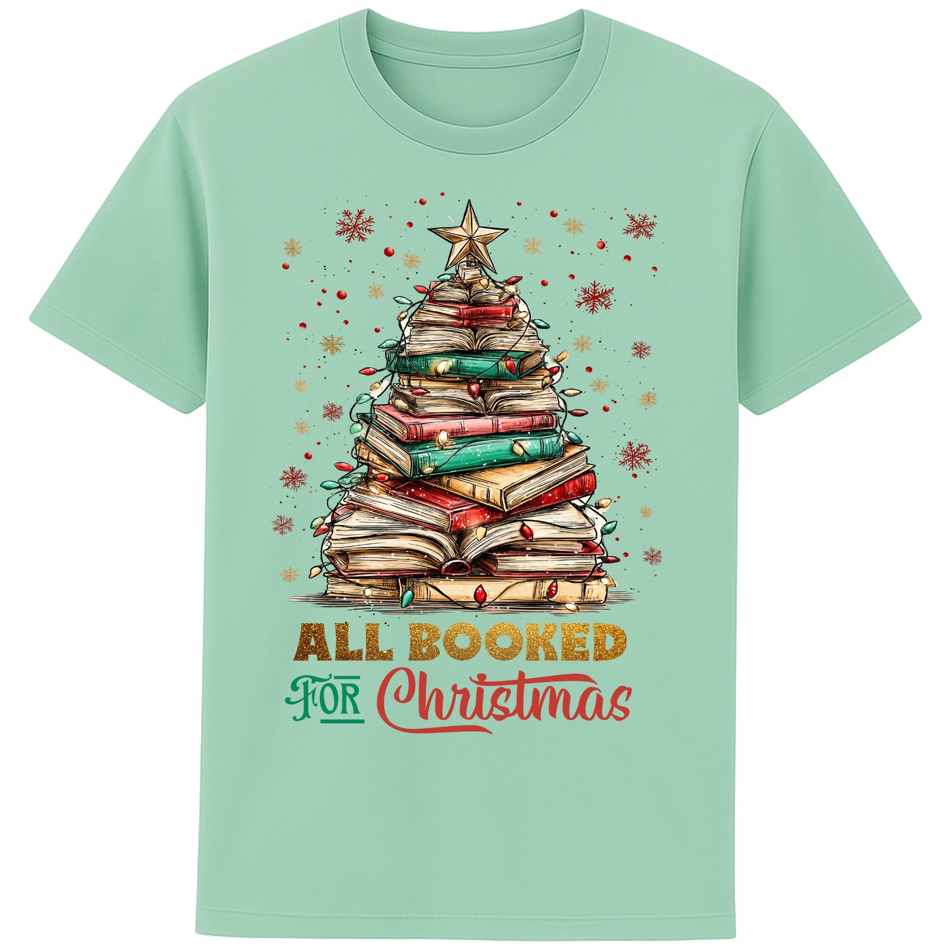 Misty Jade colour festive bookish Christmas t-shirt featuring a Christmas tree made of stacked books, surrounded by twinkle lights and warm winter vibes.