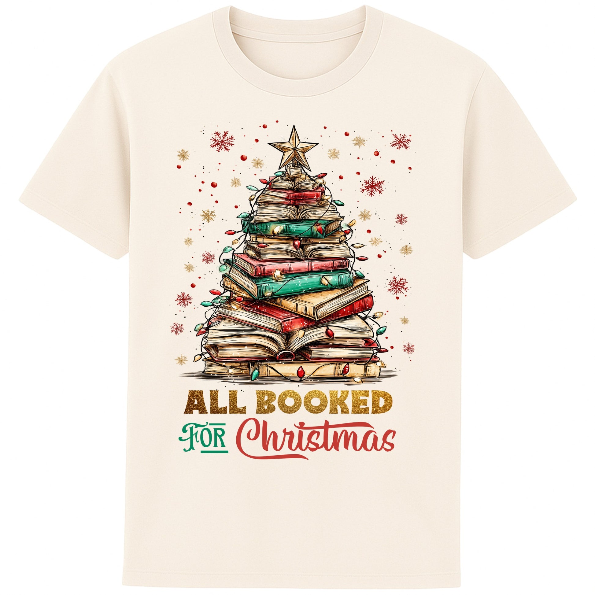 Naturel colour festive bookish Christmas t-shirt featuring a Christmas tree made of stacked books, surrounded by twinkle lights and warm winter vibes.
