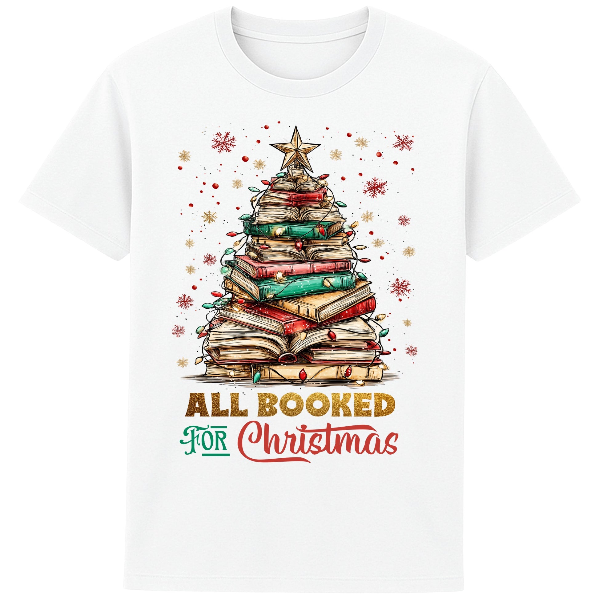 White festive bookish Christmas t-shirt featuring a Christmas tree made of stacked books, surrounded by twinkle lights and warm winter vibes.