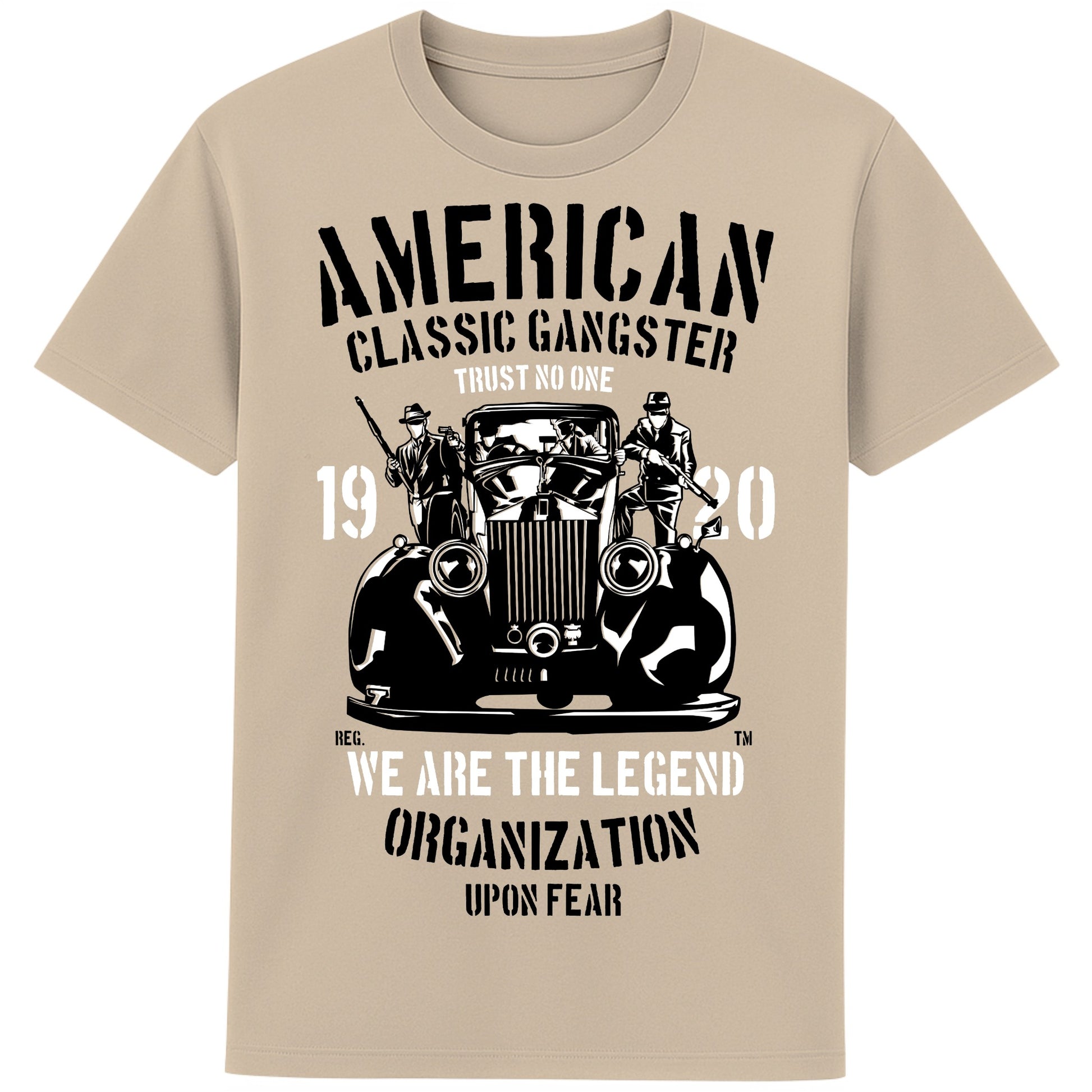 Desert Dust Colour “American Classic Gangster T-Shirt with vintage car and mobster graphic design in bold black and white print.”