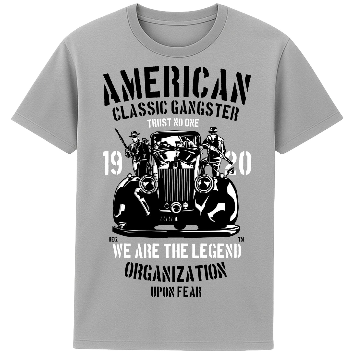 Grey American Classic Gangster T-Shirt with vintage car and mobster graphic design in bold black and white print.”