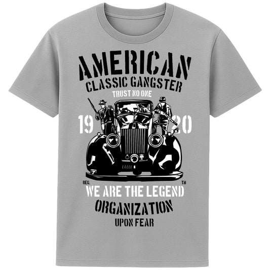 Grey American Classic Gangster T-Shirt with vintage car and mobster graphic design in bold black and white print.”