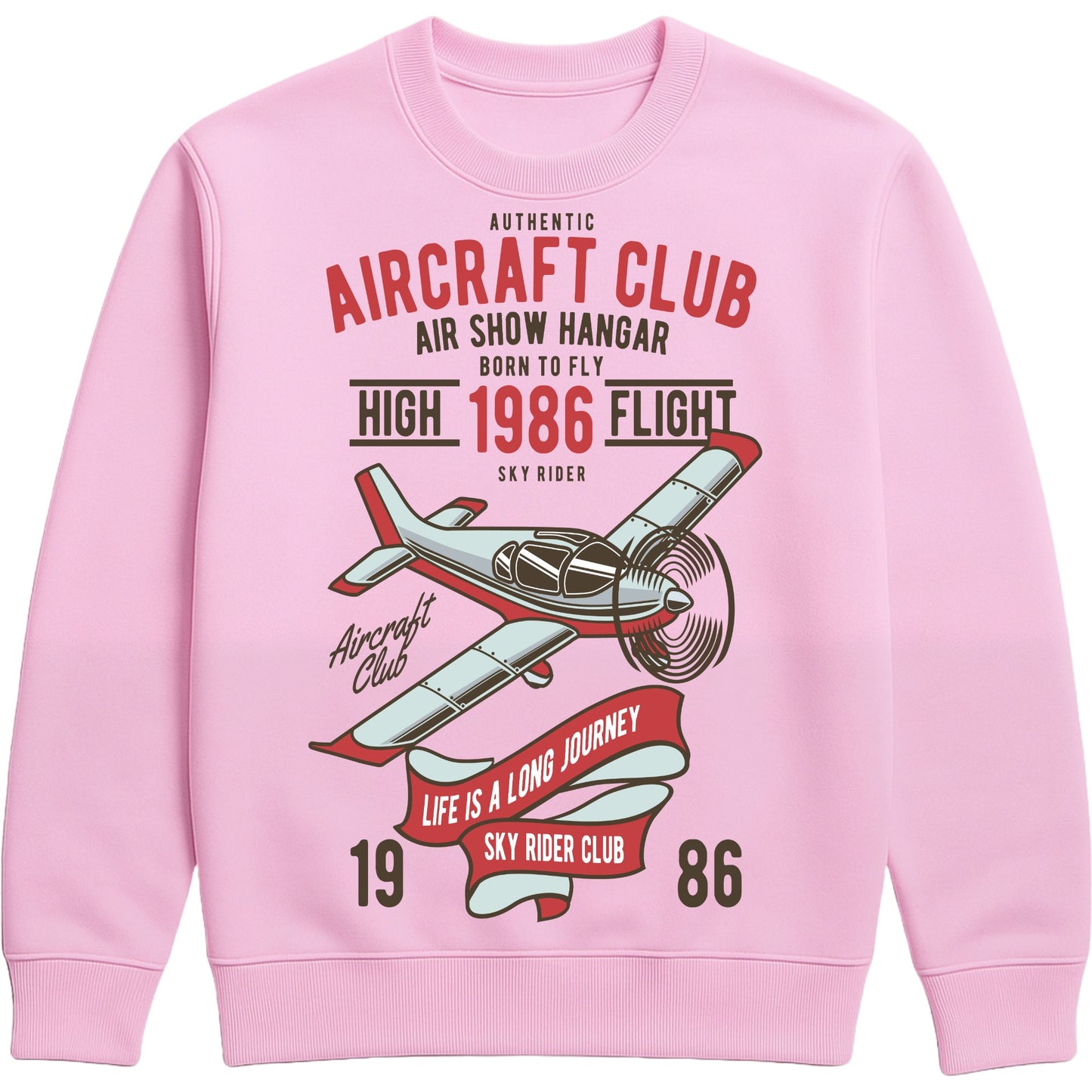 Pink Authentic Aircraft Club sweatshirt featuring a vintage propeller aircraft graphic with retro flying club artwork in classic aviation style, designed for pilots, plane spotters, and aviation enthusiasts.