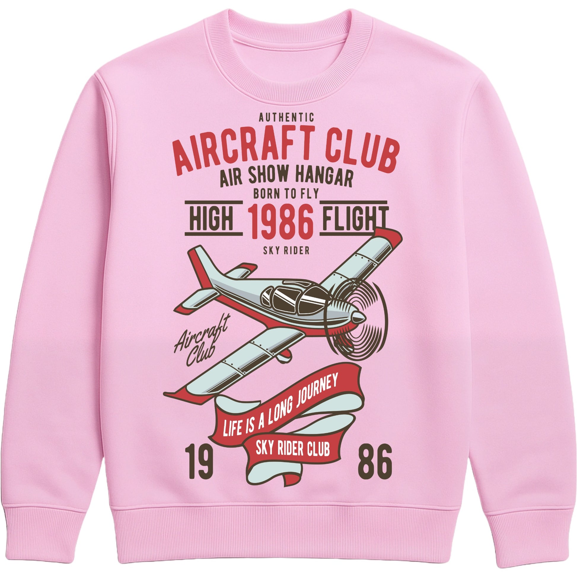 Pink Authentic Aircraft Club sweatshirt featuring a vintage propeller aircraft graphic with retro flying club artwork in classic aviation style, designed for pilots, plane spotters, and aviation enthusiasts.