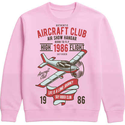 Pink Authentic Aircraft Club sweatshirt featuring a vintage propeller aircraft graphic with retro flying club artwork in classic aviation style, designed for pilots, plane spotters, and aviation enthusiasts.