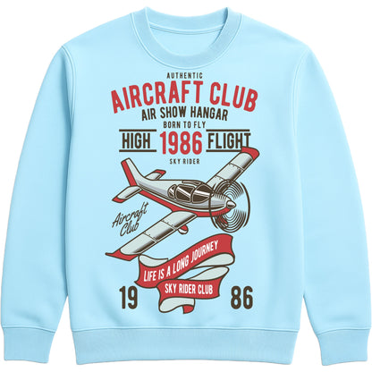 Sky Blue colour Authentic Aircraft Club sweatshirt featuring a vintage propeller aircraft graphic with retro flying club artwork in classic aviation style, designed for pilots, plane spotters, and aviation enthusiasts.