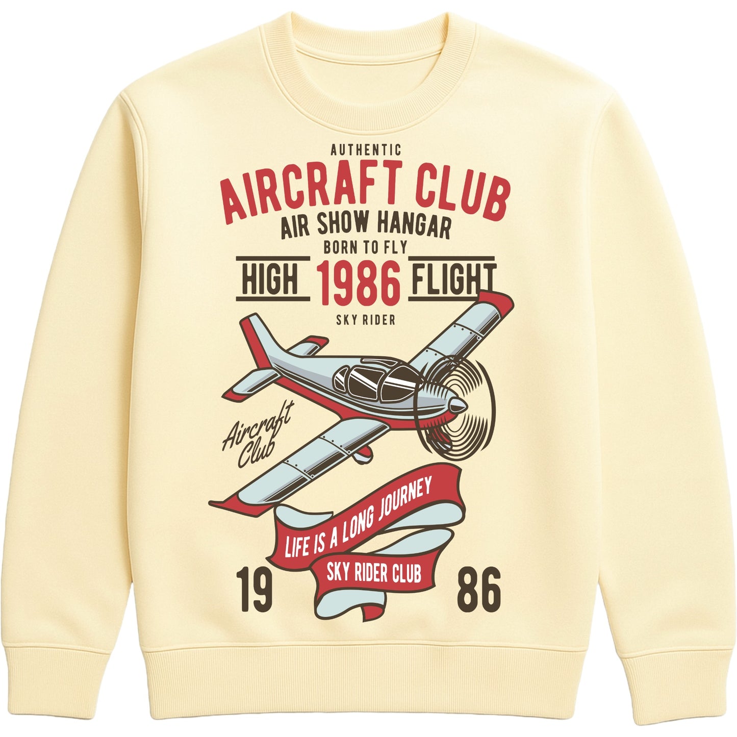 Vanilla Milkshake colour Authentic Aircraft Club sweatshirt featuring a vintage propeller aircraft graphic with retro flying club artwork in classic aviation style, designed for pilots, plane spotters, and aviation enthusiasts.