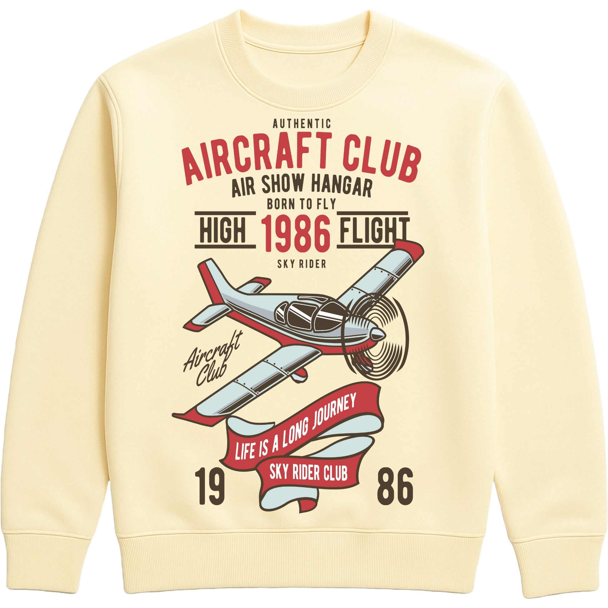 Vanilla Milkshake colour Authentic Aircraft Club sweatshirt featuring a vintage propeller aircraft graphic with retro flying club artwork in classic aviation style, designed for pilots, plane spotters, and aviation enthusiasts.