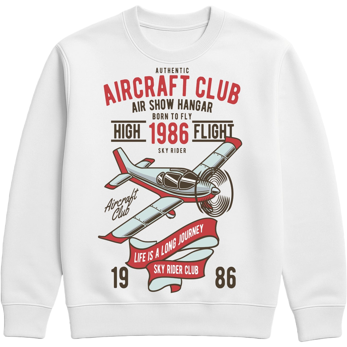 White Authentic Aircraft Club sweatshirt featuring a vintage propeller aircraft graphic with retro flying club artwork in classic aviation style, designed for pilots, plane spotters, and aviation enthusiasts.