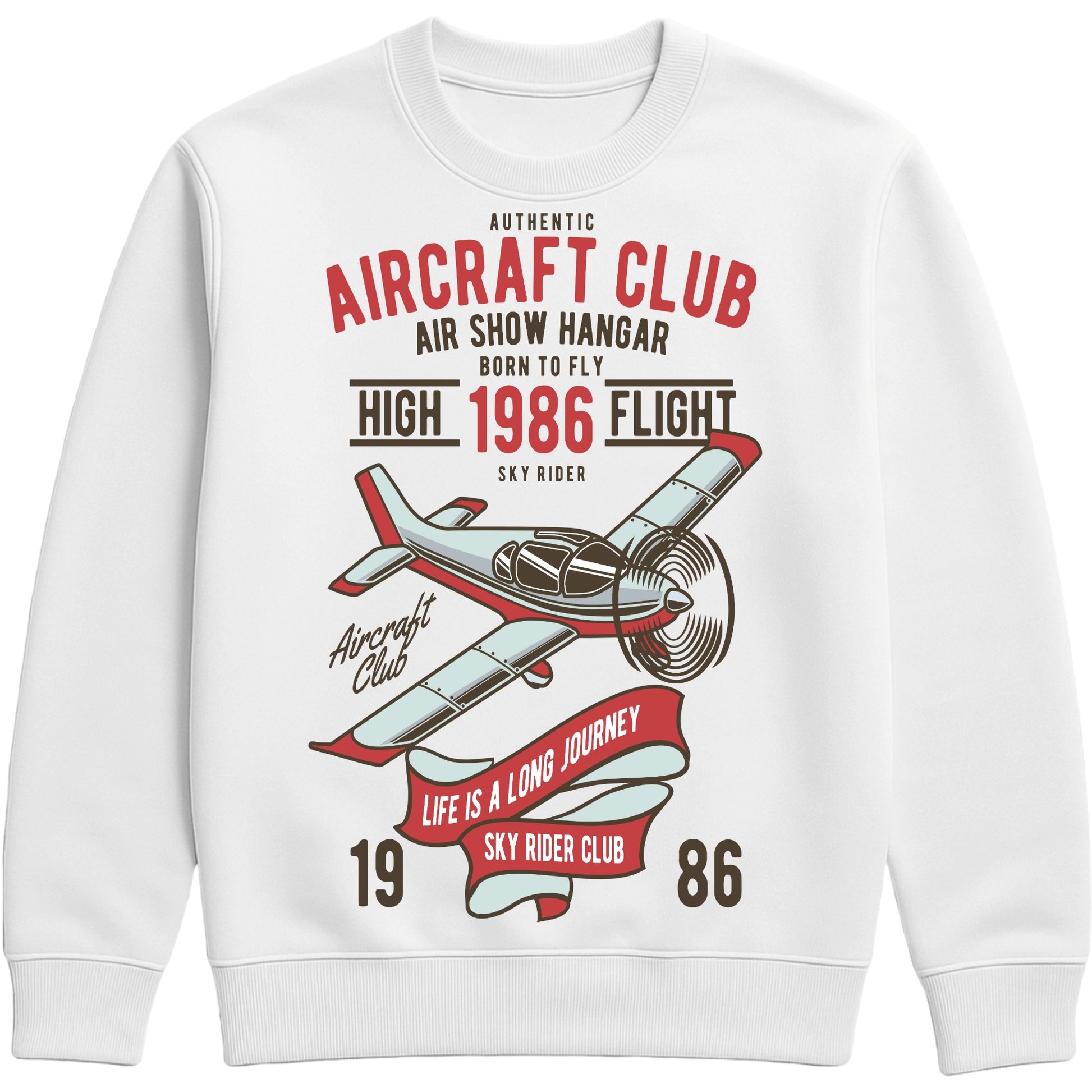 White Authentic Aircraft Club sweatshirt featuring a vintage propeller aircraft graphic with retro flying club artwork in classic aviation style, designed for pilots, plane spotters, and aviation enthusiasts.