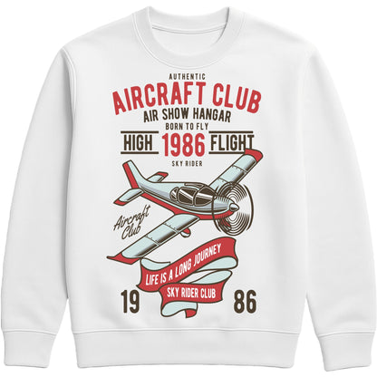 White Authentic Aircraft Club sweatshirt featuring a vintage propeller aircraft graphic with retro flying club artwork in classic aviation style, designed for pilots, plane spotters, and aviation enthusiasts.