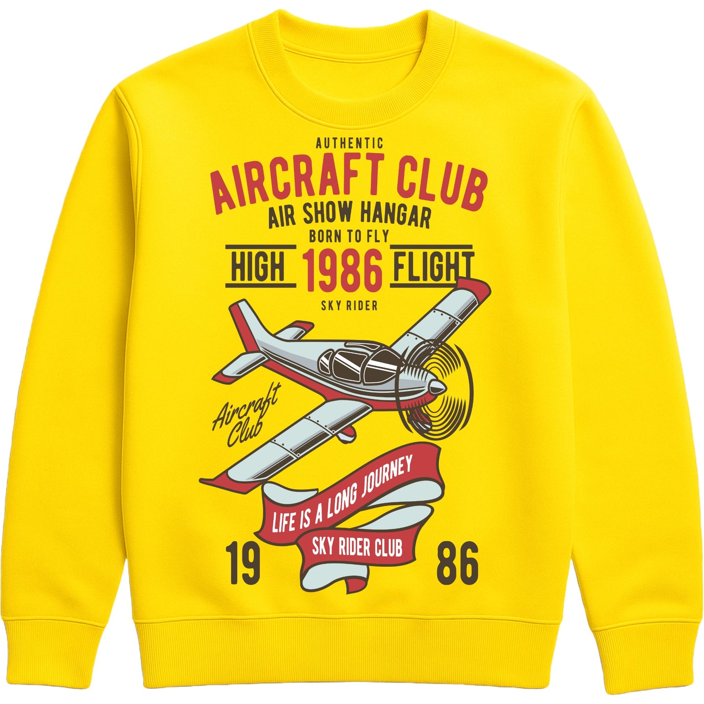 Yellow Authentic Aircraft Club sweatshirt featuring a vintage propeller aircraft graphic with retro flying club artwork in classic aviation style, designed for pilots, plane spotters, and aviation enthusiasts.