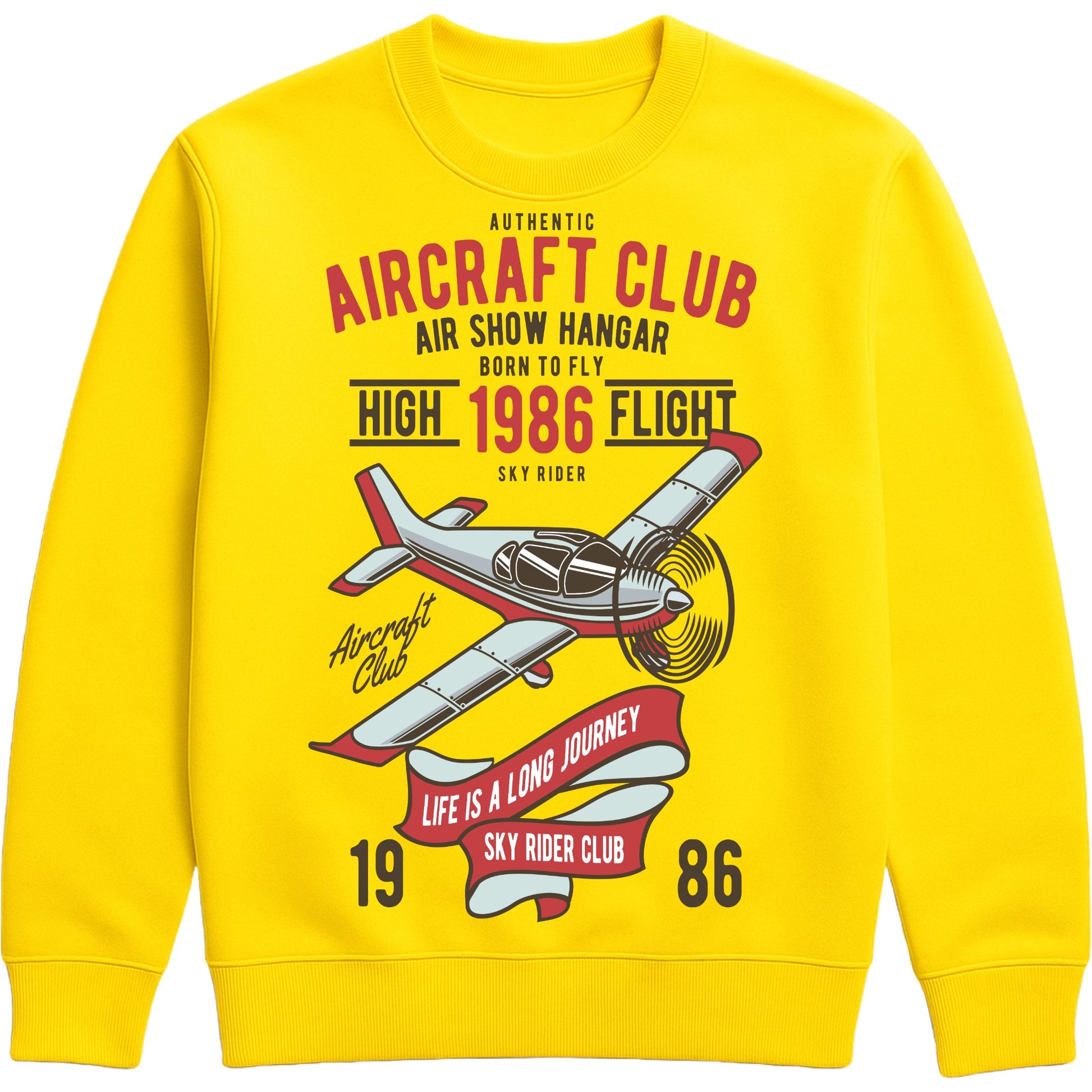 Yellow Authentic Aircraft Club sweatshirt featuring a vintage propeller aircraft graphic with retro flying club artwork in classic aviation style, designed for pilots, plane spotters, and aviation enthusiasts.