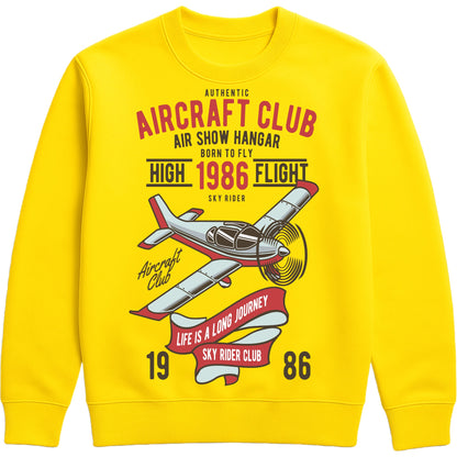 Yellow Authentic Aircraft Club sweatshirt featuring a vintage propeller aircraft graphic with retro flying club artwork in classic aviation style, designed for pilots, plane spotters, and aviation enthusiasts.