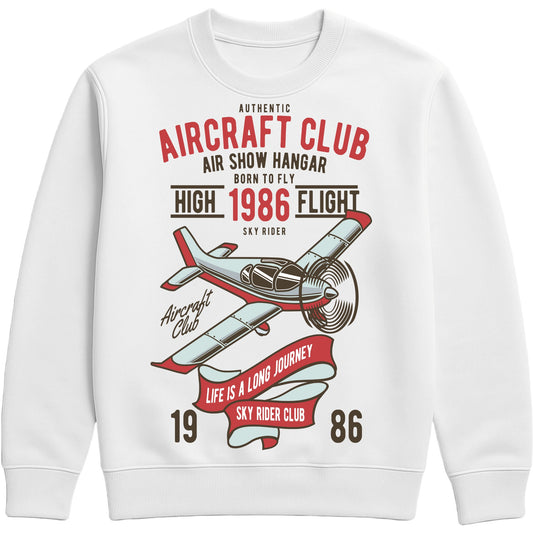 White vintage-inspired white sweatshirt with bold airplane graphic — perfect retro streetwear for cosy, casual days.”