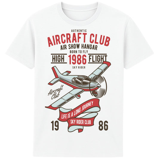 White Authentic Aircraft Club T-Shirt featuring bold airplane print, soft cotton comfort, and a classic retro vibe perfect for aviation lovers.