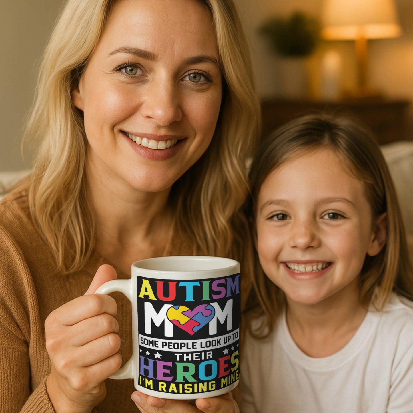 Woman and child holding a mug with an autism awareness message some people look up to their heroes im raising mine