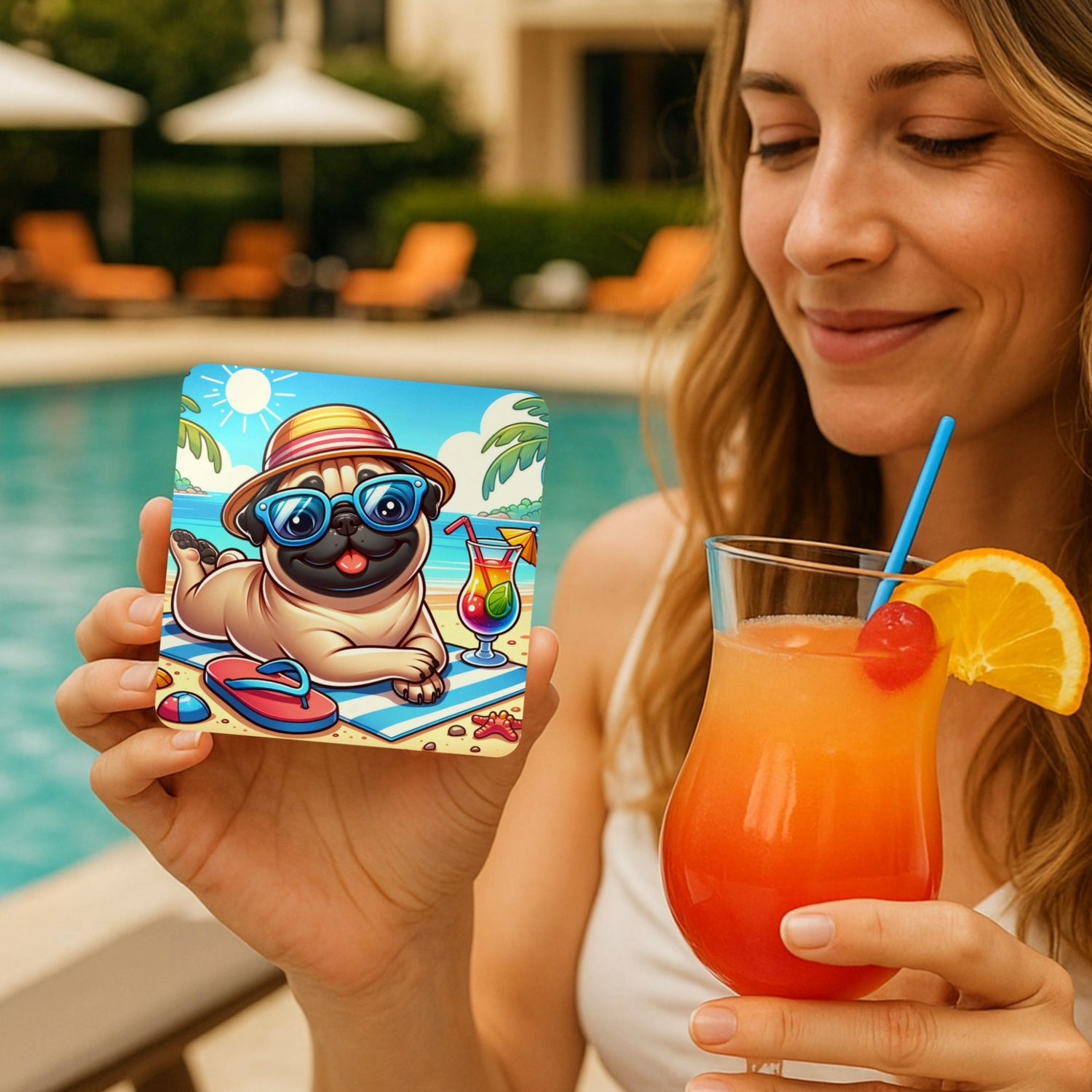 Woman holding a beach pug coaster featuring a happy pug in sunglasses beside a tropical cocktail while enjoying a colourful drink by a swimming pool.