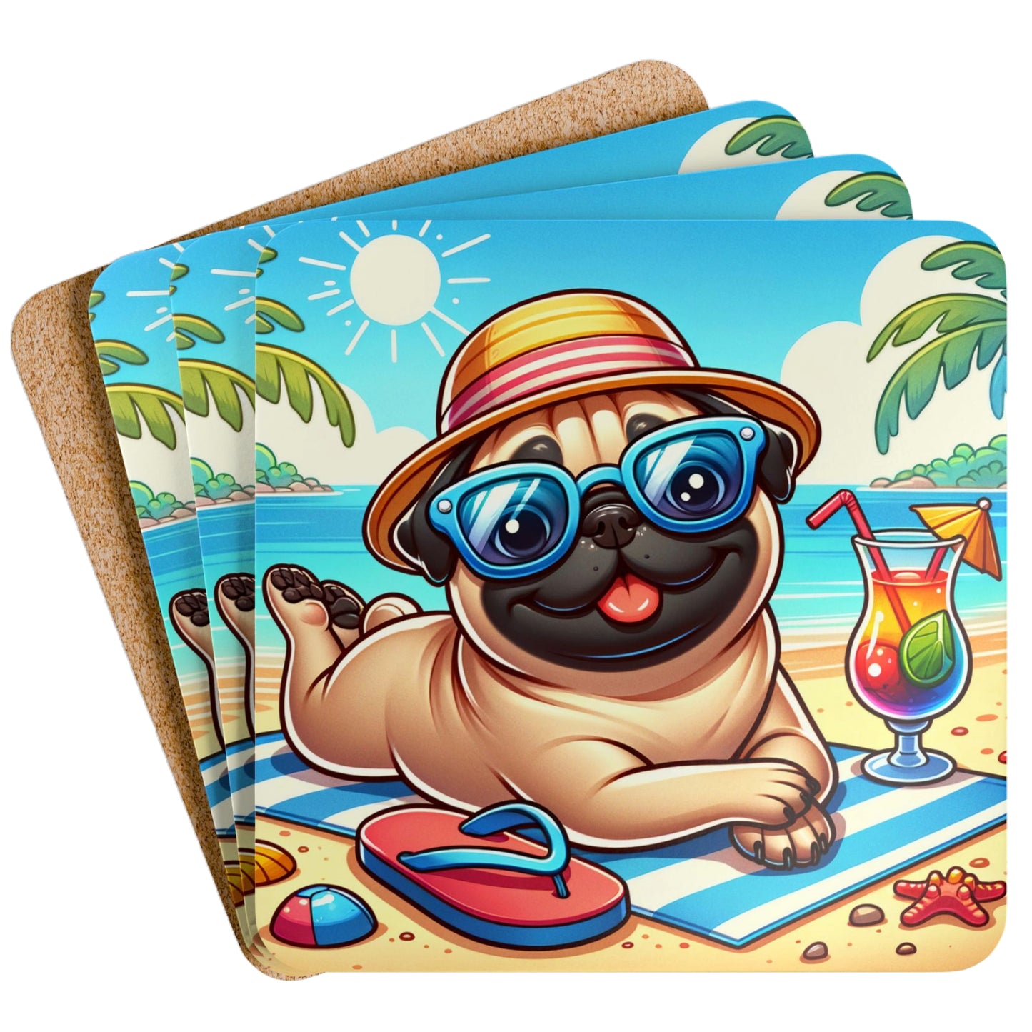Set of four beach pug coasters featuring a happy pug wearing sunglasses and a beach hat beside a tropical cocktail on a sunny seaside beach.
