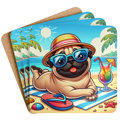 Set of four beach pug coasters featuring a happy pug wearing sunglasses and a beach hat beside a tropical cocktail on a sunny seaside beach.