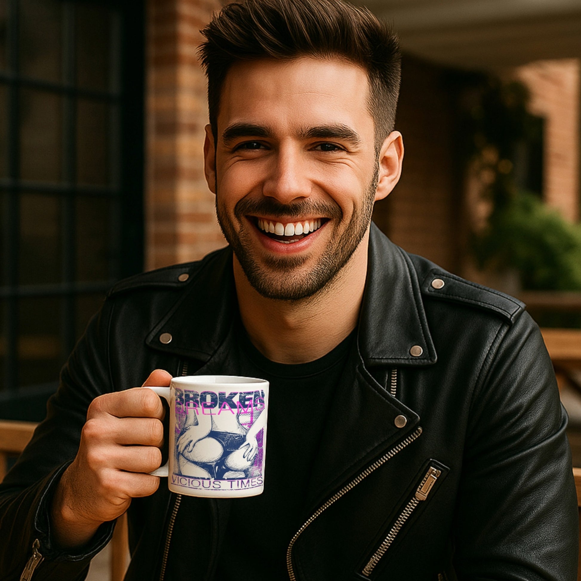 
a man holding a mug featuring a graphic design of womens legs and distressed text "BROKEN DREAMS" and "VICIOUS TIMES," creating an edgy, rebellious aesthetic