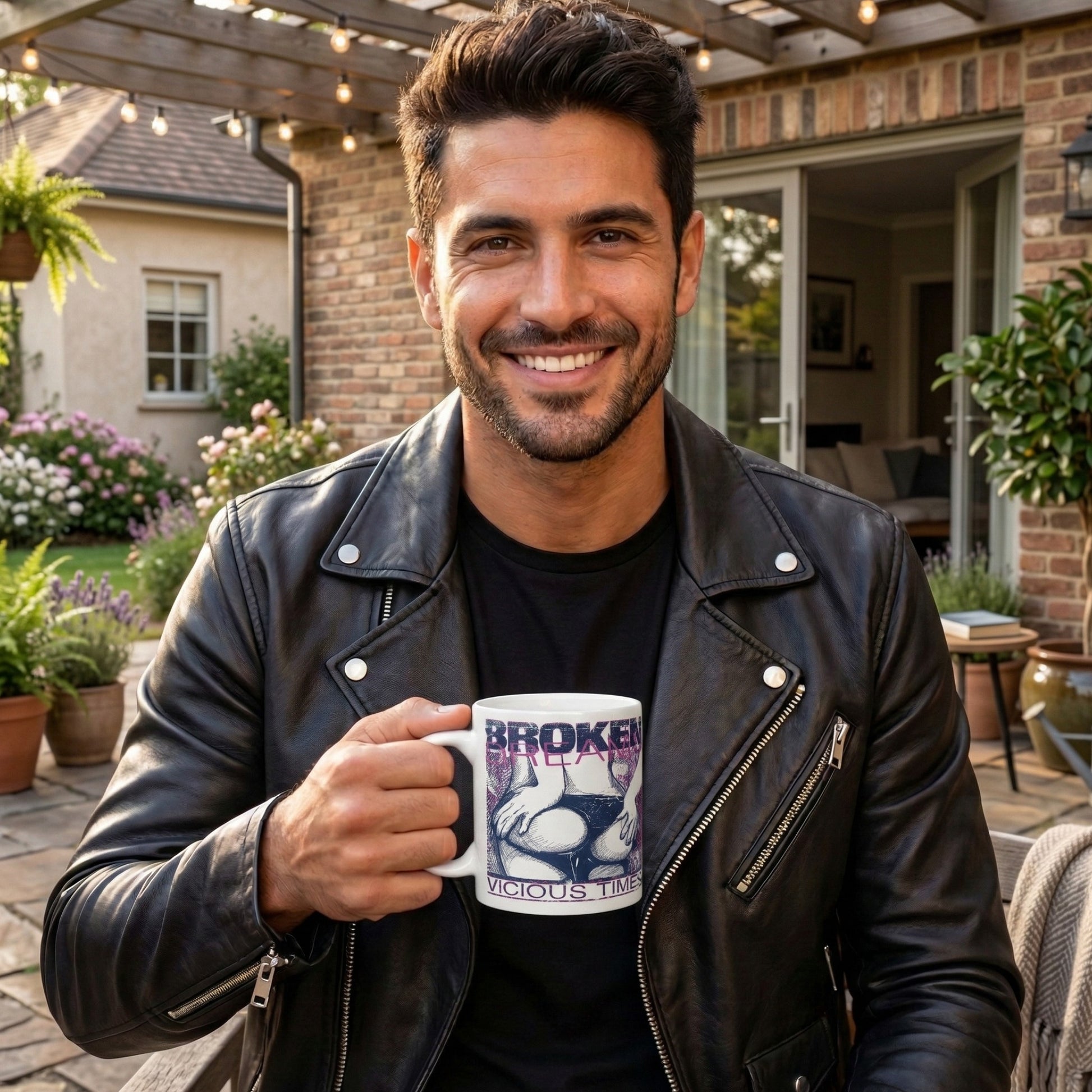 a man holding a mug featuring a graphic design of womens legs and distressed text "BROKEN DREAMS" and "VICIOUS TIMES," creating an edgy, rebellious aesthetic