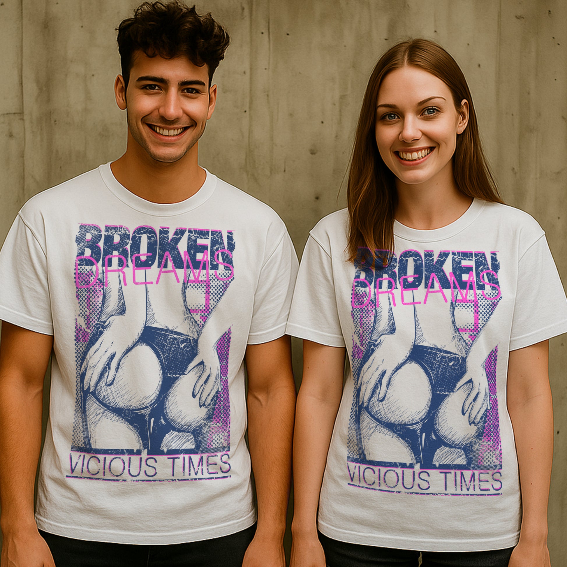 a white t-shirt featuring a graphic design of womens legs and distressed text "BROKEN DREAMS" and "VICIOUS TIMES," creating an edgy, rebellious aesthetic