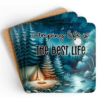 Smiling camper holding the Camping Life Is The Best Life coaster beside a tent at sunset with coffee and marshmallows, perfect for camping, caravans, campervans, RVs, and outdoor lovers.
