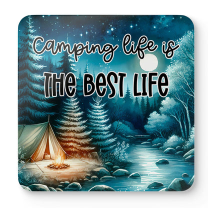 Camping Life Is The Best Life coaster featuring a moonlit forest, glowing campfire beside a peaceful river, perfect for caravans, campervans, RVs, lodges, and nature lovers.