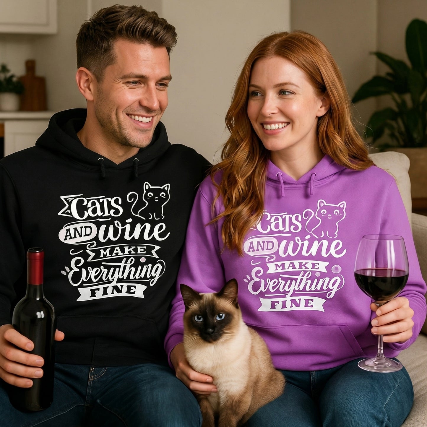 Couple wearing Cats And Wine Make Everything Fine hoodies with a cat and wine, perfect for cat lovers and wine enthusiasts.