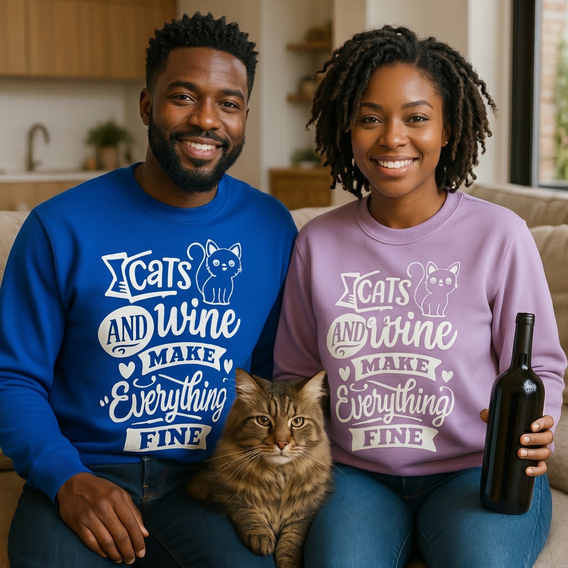 Couple wearing Cats And Wine Make Everything Fine sweatshirts while sitting with a cat and a bottle of wine in a relaxed home setting.