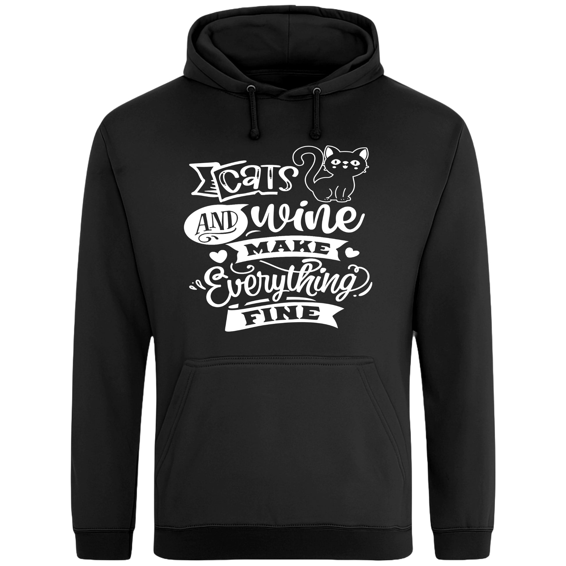 A cozy black hoodie featuring a playful design with a cat illustration and the phrase "Cats and Wine Make Everything Fine" printed on the front.