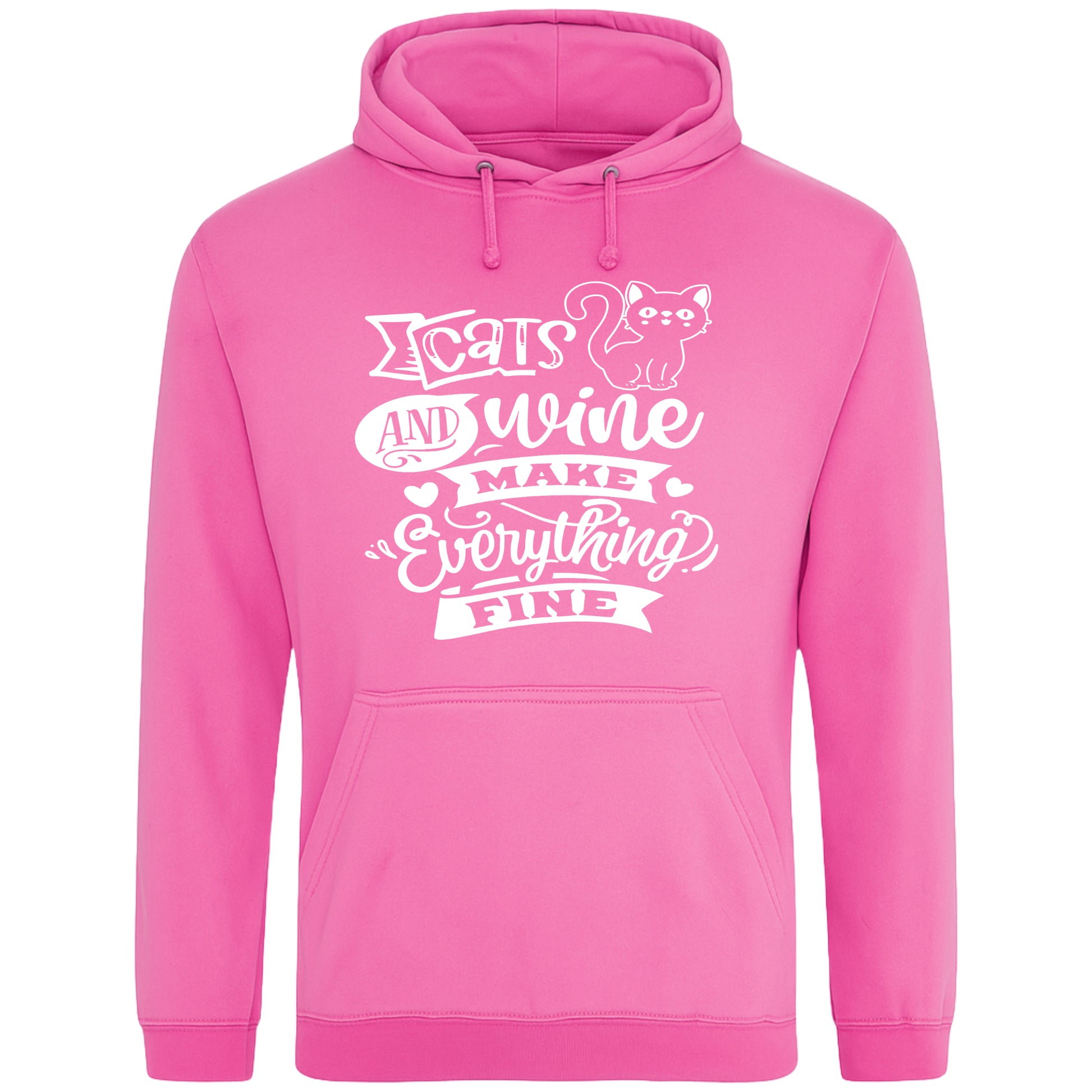 A cozy candyfloss pink hoodie featuring a playful design with a cat illustration and the phrase "Cats and Wine Make Everything Fine" printed on the front.