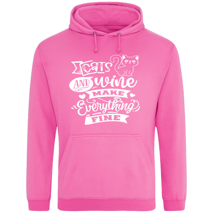 A cozy candyfloss pink hoodie featuring a playful design with a cat illustration and the phrase "Cats and Wine Make Everything Fine" printed on the front.