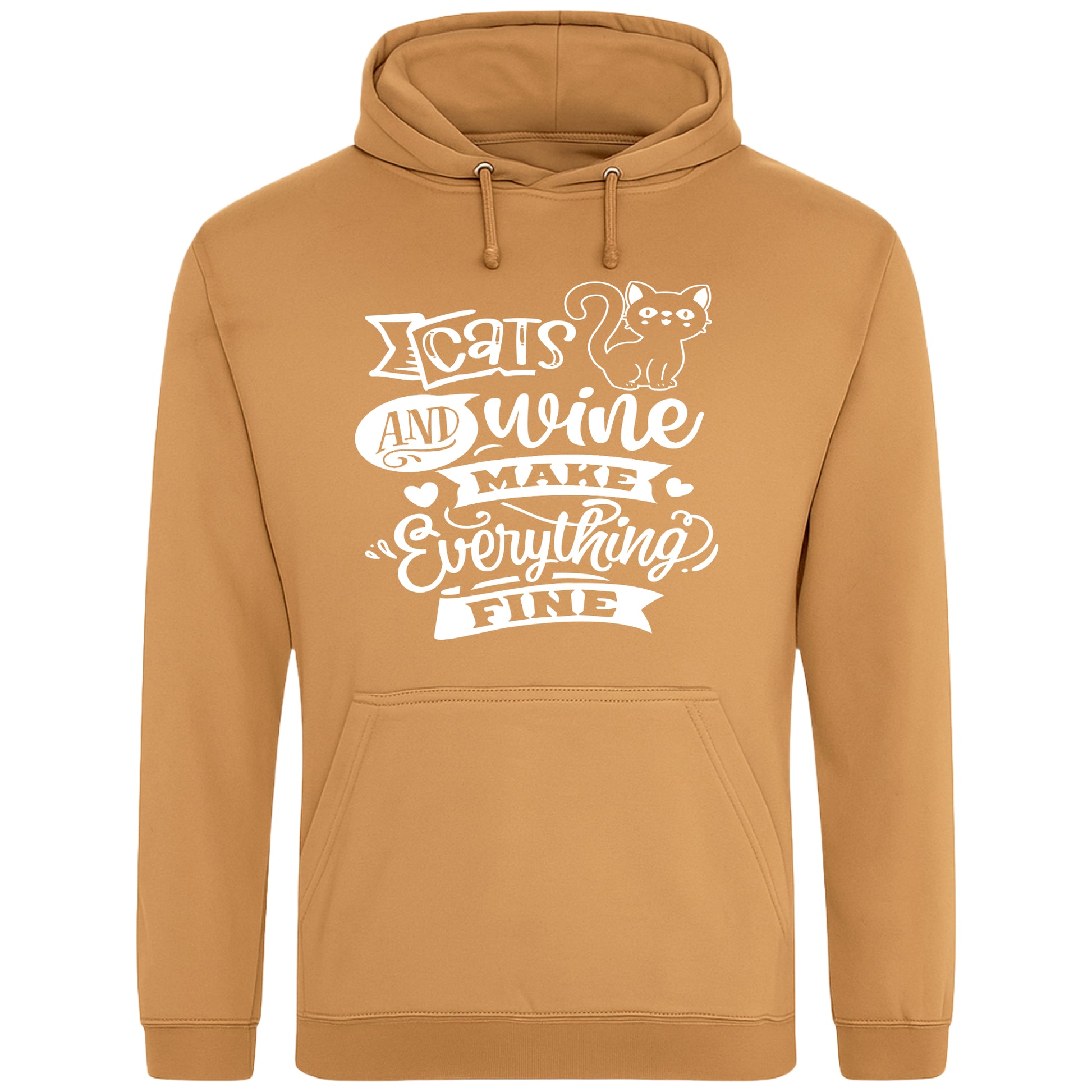 A cozy caramel latte colour hoodie featuring a playful design with a cat illustration and the phrase "Cats and Wine Make Everything Fine" printed on the front.
