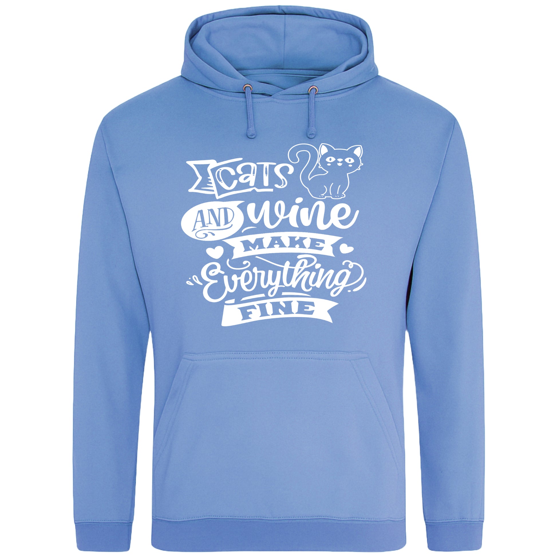 A cozy cornflower blue colour hoodie featuring a playful design with a cat illustration and the phrase "Cats and Wine Make Everything Fine" printed on the front.
