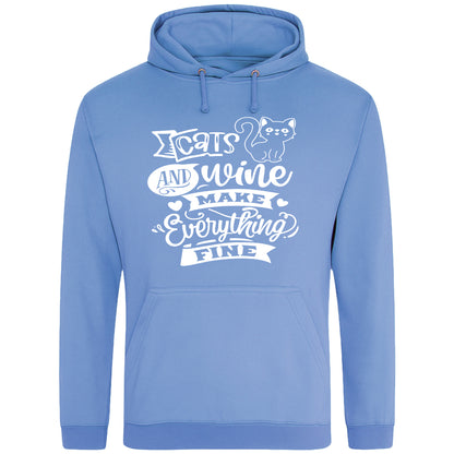 A cozy cornflower blue colour hoodie featuring a playful design with a cat illustration and the phrase "Cats and Wine Make Everything Fine" printed on the front.