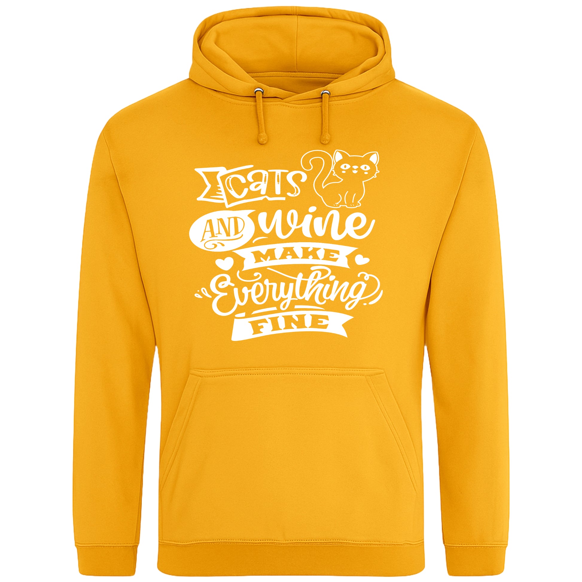 A cozy gold hoodie featuring a playful design with a cat illustration and the phrase "Cats and Wine Make Everything Fine" printed on the front.