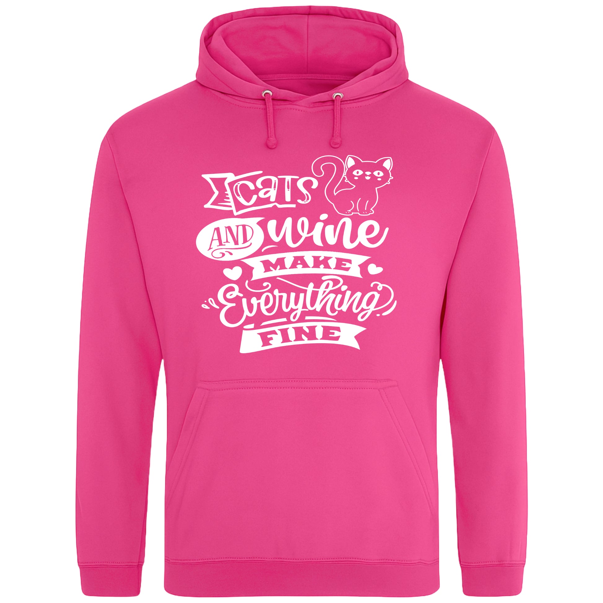 A cozy hot pink hoodie featuring a playful design with a cat illustration and the phrase "Cats and Wine Make Everything Fine" printed on the front.