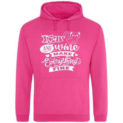 A cozy hot pink hoodie featuring a playful design with a cat illustration and the phrase "Cats and Wine Make Everything Fine" printed on the front.
