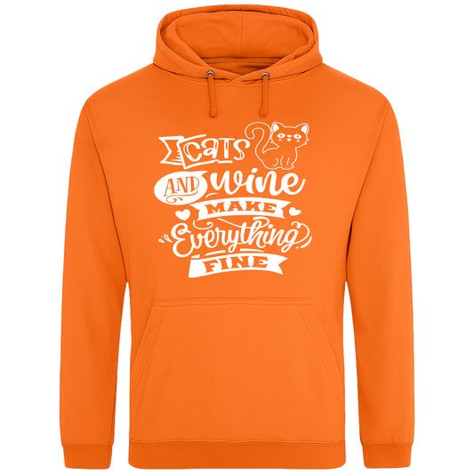 A cozy orange hoodie featuring a playful design with a cat illustration and the phrase "Cats and Wine Make Everything Fine" printed on the front.