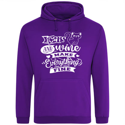 A cozy purple hoodie featuring a playful design with a cat illustration and the phrase "Cats and Wine Make Everything Fine" printed on the front.