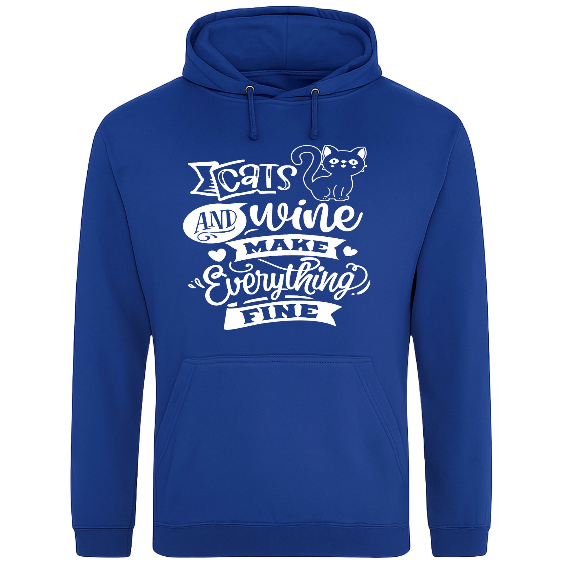A cozy royal blue colour hoodie featuring a playful design with a cat illustration and the phrase "Cats and Wine Make Everything Fine" printed on the front.